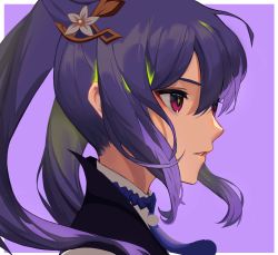Rule 34 | 1girl, absurdres, border, commentary, eyebrows hidden by hair, from side, genshin impact, hair between eyes, hair ornament, head, highres, immi (imm rune), keqing (genshin impact), long hair, outside border, parted lips, portrait, profile, purple background, purple eyes, purple hair, simple background, solo, twintails, white border
