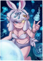 Rule 34 | 1girl, :3, absurdres, animal, animal ears, bikini, blue eyes, blush stickers, border, bracelet, breasts, cleavage, closed mouth, crescent, crescent hair ornament, glowing, glowing eye, grey hair, hair between eyes, hair ornament, hairband, hand up, heterochromia, highres, jellyfish, jewelry, kemono friends, kemono friends 3, layered bikini, layered clothes, leaning forward, long hair, looking at another, medium breasts, navel, official alternate costume, pendant, rabbit ears, smile, stomach, swimsuit, toriny, tsukuyomi shinshi (kemono friends), white border, yellow eyes