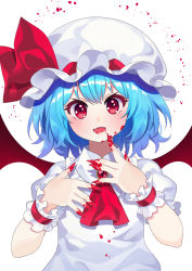Rule 34 | 1girl, absurdres, ascot, bat wings, blood, blood on face, blood on hands, blue hair, blush, brooch, commentary request, dress, fang, fingernails, hands up, hat, hat ribbon, highres, jewelry, long fingernails, looking at viewer, mob cap, open mouth, puffy short sleeves, puffy sleeves, red ascot, red ribbon, remilia scarlet, ribbon, short hair, short sleeves, skin fang, smile, solo, touhou, upper body, white background, white dress, white hat, wings, wrist cuffs, yuujin (yuzinn333)