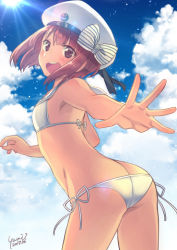 Rule 34 | 10s, 1girl, :d, artist name, ass, bikini, bow, brown eyes, brown hair, butt crack, clothes writing, cloud, cloudy sky, dated, day, flat chest, hat, kantai collection, open mouth, sailor bikini, sailor collar, sailor hat, short hair, side-tie bikini bottom, sky, smile, solo, striped, striped bow, swimsuit, teeth, white bikini, white hat, white sailor collar, yumi yumi, z3 max schultz (kancolle)