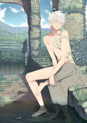 Rule 34 | 1boy, arm tattoo, barefoot, chest tattoo, day, feet, fish, hair between eyes, head tilt, highres, male focus, multicolored eyes, naked towel, nayu, nipples, nude, original, outdoors, plant, sitting, soaking feet, solo, tattoo, towel, water, white hair