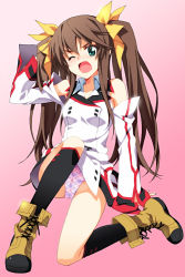 Rule 34 | 10s, 1girl, ankle boots, boots, brown hair, cross-laced footwear, fang, green eyes, huang lingyin, infinite stratos, lace-up boots, long hair, open mouth, panties, pantyshot, saipaco, school uniform, socks, twintails, underwear