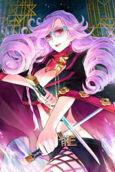 Rule 34 | 1girl, belt, braid, breasts, cape, cleavage, drill hair, glasses, gs 2nd star, hakou (barasensou), hexagram, jacket, large breasts, lowres, purple eyes, purple hair, scarf, skirt, solo, sword, sword girls, twin drills, twintails, weapon