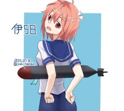 Rule 34 | 10s, 1girl, :d, ahoge, character name, dated, from behind, hair ornament, i-58 (kancolle), kantai collection, looking at viewer, looking back, open mouth, pink eyes, pink hair, sailor collar, school swimsuit, short hair, simple background, smile, solo, swimsuit, swimsuit under clothes, torpedo, twitter username, type 95 torpedo, upper body, yuki (nanao yuki)