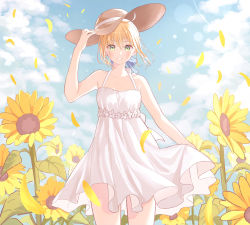 Rule 34 | 1girl, absurdres, alternate costume, artoria pendragon (all), artoria pendragon (fate), bad id, bad pixiv id, blonde hair, blue ribbon, blue sky, breasts, cleavage, cloud, collar, cowboy shot, day, dress, fate/stay night, fate (series), field, floating hair, flower, flower field, green eyes, grin, hair between eyes, hair ribbon, halterneck, hand on headwear, hat, hat ribbon, highres, looking at viewer, lq saku, outdoors, petals, ribbon, saber (fate), short dress, short hair, skirt hold, sky, sleeveless, sleeveless dress, small breasts, smile, solo, standing, straw hat, sun hat, sundress, sunflower, sunflower field, thigh gap, white dress, white ribbon, yellow flower