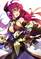 Rule 34 | 1girl, absurdres, breasts, brown gloves, cleavage, gloves, highres, horns, large breasts, long hair, looking away, original, parted lips, pink hair, sideboob, simple background, single horn, solo, yellow eyes, zelitto