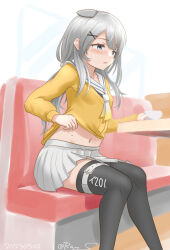 Rule 34 | 1girl, alternate costume, black thighhighs, character name, clothes lift, fake horns, feet out of frame, gradient neckerchief, grey eyes, grey hair, horned headwear, horns, i-201 (kancolle), kantai collection, long hair, navel, one-hour drawing challenge, pleated skirt, ray.s, sailor collar, sitting, skirt, solo, sweater, sweater lift, thighhighs, white sailor collar, white skirt