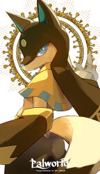 Rule 34 | anubis (palworld), arm at side, blue eyes, closed mouth, detached sleeves, egyptian clothes, english text, hand up, highres, looking back, midriff, motoiwork, no humans, palworld, snout, solo, tail
