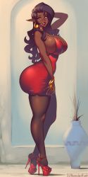 Rule 34 | absurdres, ass, breasts, dark-skinned female, dark elf, dark skin, dress, elf, freckles, from side, high heels, highres, huge ass, huge breasts, live for the funk, nail polish, original, pantyhose, pointy ears, short dress, solo, thighs, vanessa (live for the funk)