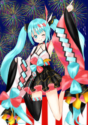 Rule 34 | 1girl, absurdly long hair, absurdres, aqua eyes, aqua hair, artist name, artist request, asymmetrical footwear, asymmetrical legwear, asymmetrical sleeves, bare legs, bare shoulders, black choker, black footwear, black skirt, black thighhighs, blue eyes, blue hair, blush, bow, choker, collarbone, criss-cross halter, fang, female focus, fireworks, floating, floral print, frilled skirt, frills, full body, gradient hair, hair between eyes, hair ornament, hairclip, halterneck, hatsune miku, highres, japanese clothes, jump, jumping, kimono, long hair, long sleeves, looking at viewer, magical mirai (2020), magical mirai (vocaloid), mismatched footwear, mismatched sleeves, multicolored hair, night, night sky, one eye closed, pink hair, platform footwear, pleated skirt, pointing, pointing up, red sleeves, sandals, sidelocks, single legwear, single thighhigh, skirt, sky, sleeves past wrists, smile, solo, thighhighs, twintails, uneven legwear, very long hair, vocaloid, white footwear, white sleeves, wide sleeves, x hair ornament, yukata, zouri