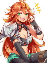 Rule 34 | 1girl, breasts, cleavage, fangs, gloves, green eyes, twirling hair, loading shovel (ole tower), long hair, mataichi mataro, navel, ole tower, orange hair, solo