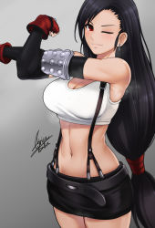 Rule 34 | 1girl, absurdres, airisubaka, armor, belt, black skirt, blush, breasts, cleavage, closed mouth, cross-body stretch, earrings, elbow pads, final fantasy, final fantasy vii, fingerless gloves, gloves, gradient background, grey background, highres, jewelry, large breasts, lips, long hair, looking at viewer, low-tied long hair, miniskirt, navel, one eye closed, parted bangs, red eyes, revision, shiny skin, signature, simple background, skirt, sleeveless, smile, solo, stomach, stretching, suspenders, sweatdrop, tank top, tifa lockhart, white tank top