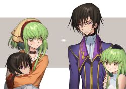 Rule 34 | 2boys, 2girls, aged down, black hair, blouse, c.c., code geass, creayus, father and daughter, father and son, green hair, grey background, hair between eyes, hand on another&#039;s head, headpat, hug, lelouch vi britannia, looking at another, mother and daughter, mother and son, multiple boys, multiple girls, orange shirt, purple eyes, shirt, white shirt, yellow eyes