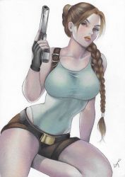 Rule 34 | 1girl, artist request, braid, breasts, brown eyes, brown hair, curvy, fingerless gloves, gloves, green one-piece swimsuit, gun, handgun, highleg, highleg swimsuit, highres, holding, holding weapon, lara croft, large breasts, lips, long braid, long hair, looking at viewer, low-tied long hair, one-piece swimsuit, shiny clothes, shiny skin, single braid, sitting, solo, swimsuit, swimsuit under clothes, thick thighs, thighs, tomb raider, traditional media, weapon, white background