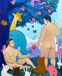 Rule 34 | 2boys, absurdres, against tree, animal, animal on shoulder, apple, ass, bara, beard stubble, bird, bird on shoulder, black hair, blue butterfly, brown hair, bug, butterfly, cloud, cloudy sky, completely nude, cub, elephant, expressionless, eye contact, facial hair, flamingo, food, forest, fruit, full body, giraffe, giving food, goat, heaven, highres, holding, holding food, holding fruit, in tree, insect, light smile, long sideburns, looking at another, male focus, multiple boys, muscular, muscular male, nature, nipples, nude, original, painterly, pectorals, piglet, rabbit, rainbow, red apple, short hair, sideburns, sitting, sky, snake, squirrel, standing, stubble, thick eyebrows, thick thighs, thighs, torajiro art, tree, yaoi