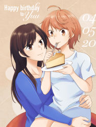 Rule 34 | 2girls, birthday, birthday cake, brown hair, cake, character name, closed mouth, commentary, commentary request, dated, eating, english text, food, fork, gaogaotama, highres, holding, koito yuu, legs together, long hair, long sleeves, multiple girls, nanami touko, orange hair, plate, short hair, short sleeves, sitting, yagate kimi ni naru, yellow eyes, yuri