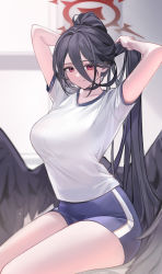Rule 34 | 1girl, absurdres, arms behind head, arms up, black hair, black wings, blue archive, blue shorts, breasts, closed mouth, commentary request, feathered wings, gym uniform, hair between eyes, halo, hasumi (blue archive), hasumi (track) (blue archive), highres, holding, holding own hair, large breasts, long hair, looking at viewer, low wings, mole, mole under eye, nagata gata, official alternate costume, ponytail, red eyes, shirt, short shorts, short sleeves, shorts, solo, straight hair, taut clothes, taut shirt, thighs, very long hair, white shirt, wings