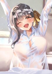 Rule 34 | 1girl, aggietea, arms up, blush, breasts, collared shirt, goddess of victory: nikke, grey hair, hair between eyes, hairband, highres, large breasts, lips, long hair, long sleeves, looking at viewer, modernia (first affection) (nikke), modernia (nikke), official alternate costume, one eye closed, open mouth, red eyes, see-through, see-through shirt, shirt, smile, solo, white shirt