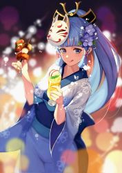 Rule 34 | 1girl, :p, apple, apple juice, apple slice, ayaka (genshin impact), bld zi, blue eyes, blue hair, blue kimono, blunt bangs, blush, breasts, cup, definitely not bar food! (genshin impact), drink, drinking glass, floral print, flower, food, fox mask, fruit, fruity skewers (genshin impact), genshin impact, hair flower, hair ornament, highres, holding, holding drink, holding food, japanese clothes, juice, kimono, licking lips, long hair, looking at viewer, mask, medium breasts, mole, mole under eye, ponytail, sidelocks, solo, tongue, tongue out, wide sleeves, yukata
