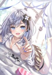 Rule 34 | 1girl, blue eyes, controller, grey hair, highres, hololive, hololive indonesia, looking at viewer, medium hair, nail polish, open mouth, redpepperoni00, shirt, skirt, smile, solo, vestia zeta, virtual youtuber, white shirt
