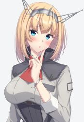 Rule 34 | 1girl, absurdres, ascot, blonde hair, blue eyes, blush, breasts, grey background, headgear, highres, kantai collection, large breasts, long sleeves, medium hair, monoku, parted lips, red ascot, rodney (kancolle), simple background, solo, upper body, white background