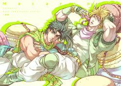 Rule 34 | 2boys, :t, alternate hair color, aqua eyes, aqua gloves, artist name, bare shoulders, battle tendency, birthday, blonde hair, caesar anthonio zeppeli, character name, chinese commentary, commentary request, crossed arms, dated, drop shadow, facial mark, feather hair ornament, feathers, fingerless gloves, food, foot on another&#039;s face, gloves, green eyes, green footwear, green gloves, green hair, green jacket, green scarf, green shirt, hair ornament, hand on own head, happy birthday, head rest, headband, highres, holding, holding food, italian text, jacket, jojo no kimyou na bouken, joseph joestar, joseph joestar (young), knee pads, lying, lying on person, macaron, male focus, multiple boys, muscular, muscular male, on stomach, open mouth, oversized food, oversized object, pants, pink scarf, reclining, sashiyu, scarf, shirt, short hair, sleeveless, striped clothes, striped scarf, triangle print, white pants