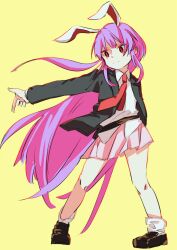 Rule 34 | 1girl, absurdres, animal ears, black footwear, black jacket, collared shirt, highres, jacket, long hair, long sleeves, loose socks, necktie, open clothes, open jacket, outstretched arm, pink skirt, pleated skirt, pointing, purple hair, rabbit ears, rabbit girl, red eyes, red necktie, reisen udongein inaba, shaded face, shirt, simple background, skirt, sleeves past wrists, so happy 64, socks, touhou, very long hair, waistband, white fur, white shirt, white socks, yellow background