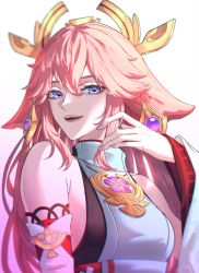 Rule 34 | 1girl, absurdres, animal ears, bad id, bad pixiv id, bare shoulders, close-up, detached sleeves, earrings, fox ears, genshin impact, hair between eyes, hair ornament, hand to own mouth, highres, japanese clothes, jewelry, kyonamu, long hair, looking at viewer, miko, nail polish, open mouth, pink hair, pink nails, purple eyes, sidelocks, vision (genshin impact), white background, wide sleeves, yae miko