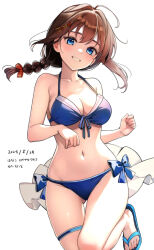 Rule 34 | 1girl, ahoge, bare arms, bare legs, bare shoulders, bikini, blue bikini, blue eyes, braid, breasts, brown hair, cleavage, collarbone, dated, grin, hanako (peanut), highres, kantai collection, long hair, looking at viewer, medium breasts, navel, sandals, shigure (kancolle), shigure kai san (kancolle), simple background, single braid, smile, solo, swimsuit, toes, white background