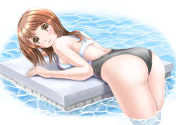 Rule 34 | 1girl, brown eyes, brown hair, competition swimsuit, long hair, lying, mashinatsu, on stomach, one-piece swimsuit, original, reiji-sss, solo, swimsuit, water, wet