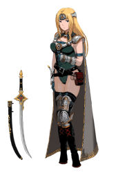 Rule 34 | 1990s (style), 1girl, armor, bad id, bad pixiv id, belt pouch, blonde hair, blue eyes, boots, breasts, cape, celes chere, female focus, final fantasy, final fantasy vi, fingerless gloves, full body, gloves, headband, iwanai tomoeju, iwauchi tomoki, leotard, long hair, pouch, retro artstyle, scabbard, sheath, simple background, solo, standing, sword, thigh boots, thighhighs, weapon, white background