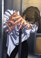 Rule 34 | 1boy, black pants, blurry, brown hair, buttons, collared shirt, covered face, covering own eyes, cuffs, depth of field, fingernails, handcuffs, head down, head on own shoulder, highres, holding bars, indoors, looking down, male focus, mojisan (ebimo), original, pants, reaching, reaching towards viewer, shirt, short hair, solo, storage room, upper body, white shirt