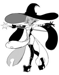 Rule 34 | 1girl, boots, elbow gloves, gloves, greyscale, hat, ken (koala), long sleeves, looking at viewer, magical girl, monochrome, original, pelvic curtain, short hair, simple background, solo, staff, white background, witch hat