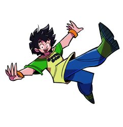 Rule 34 | 1boy, :d, bitz777, black eyes, black hair, boots, character name, clothes writing, denim, dragon ball, dragonball z, falling, full body, green shirt, jeans, male focus, open mouth, outstretched arms, pants, shirt, short hair, simple background, smile, son goten, white background, wristband