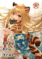 Rule 34 | 1girl, animal ears, animal print, blonde hair, brown kimono, chinese zodiac, commentary request, english text, fang, from side, fur shawl, furisode, hair ornament, happy new year, highres, japanese clothes, jewelry, kimono, layered sleeves, long hair, long sleeves, looking at viewer, mask, mask pull, mouth mask, nagase kei, new year, obi, open mouth, orange eyes, orange shawl, original, print shawl, pulling own clothes, ring, sash, shawl, short over long sleeves, short sleeves, sitting, skin fang, smile, solo, tail, tiger ears, tiger girl, tiger hair ornament, tiger print, tiger tail, v, wide sleeves, year of the tiger