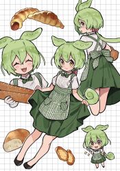 1girl ^_^ ai_nige apron baguette basket black_footwear blush bow bowtie bread chibi closed_eyes croissant food gloves green_apron green_bow green_bowtie green_hair grid_background hair_bow highres holding holding_food long_hair multiple_views name_tag open_mouth orange_eyes red_bow shirt shoes short_sleeves simple_background voiceroid voicevox white_gloves white_shirt zundamon