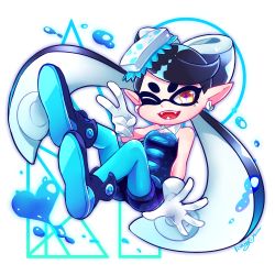 Rule 34 | + +, 1girl, artist name, bad id, bad pixiv id, black hair, blue footwear, boots, breasts, callie (splatoon), character name, cleavage, detached collar, earrings, fangs, full body, gloves, highres, inkling, jewelry, kisaragi yuu (fallen sky), mole, mole under eye, multicolored eyes, nintendo, object on head, one eye closed, open mouth, orange eyes, pantyhose, pointy ears, purple eyes, short jumpsuit, signature, small breasts, smile, solo, splatoon (series), splatoon 1, strapless, tentacle hair, v, white gloves