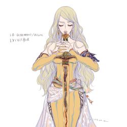 Rule 34 | 1girl, amano yoshitaka (style), blonde hair, celes chere, closed mouth, detached sleeves, final fantasy, final fantasy vi, highres, hip vent, holding, holding sword, holding weapon, long hair, oju (ouka), pants, shirt, simple background, square enix, sword, waist cape, wavy hair, weapon, yellow pants, yellow shirt