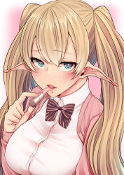 Rule 34 | 1girl, :d, absurdres, aqua eyes, blonde hair, blush, bow, bowtie, breasts, cosmetics, elf, heart, heart-shaped pupils, highres, kira kazuki, lipstick tube, long hair, looking at viewer, open mouth, original, pointy ears, school uniform, smile, solo, symbol-shaped pupils, teeth, tongue, twintails, uniform, very long hair