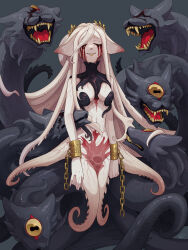 Rule 34 | 1girl, blood, bloody tears, breasts, chain, creature, cuffs, grey background, highres, large breasts, long hair, monster girl, one-eyed, open mouth, original, parted lips, scylla, shackles, sharp teeth, simple background, smile, teeth, tentacle hair, tentacles, white hair, yamanobe saya