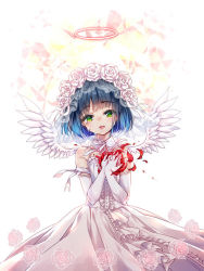 Rule 34 | 1boy, angel wings, bare shoulders, blue hair, bride, collarbone, collared shirt, commission, crossdressing, crying, crying with eyes open, dress, flower, frills, gloves, gradient hair, green eyes, hair flower, hair ornament, hands on own chest, hieihirai, looking at viewer, male bride, multicolored hair, open mouth, ribbon, ryoune yami, shirt, smile, tearing up, tears, trap, upper body, utau, veil, wings
