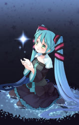 Rule 34 | bad id, bad pixiv id, blue hair, dress, green eyes, hatsune miku, kito (sorahate), kneeling, long hair, solo, thighhighs, twintails, vocaloid, water