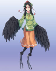 Rule 34 | 1girl, :d, annabel-m, archived source, black hair, blue background, blush, braid, claws, commission, crow tengu, digitigrade, feathered wings, feathers, full body, gradient background, green sweater, hair ornament, hairband, harpy, hat, highres, karasu tengu (monster girl encyclopedia), long hair, long sleeves, looking at viewer, monster girl, monster girl encyclopedia, open mouth, orange skirt, pleated skirt, pointy ears, red eyes, skirt, smile, solo, sweater, tassel, tengu, tokin hat, twin braids, winged arms, wings
