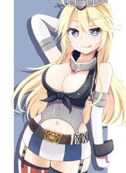 Rule 34 | 10s, 1girl, :q, arm behind head, blonde hair, blue eyes, breasts, cleavage, hair between eyes, highres, iowa (kancolle), kantai collection, large breasts, long hair, lying, miniskirt, on side, shiratora, skirt, star-shaped pupils, star (symbol), symbol-shaped pupils, thighhighs, tongue, tongue out, zettai ryouiki