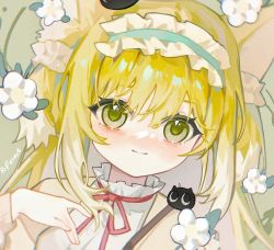Rule 34 | 1girl, animal ear fluff, animal ears, aoyehuicusi28607, arknights, blonde hair, blue hairband, brown jacket, closed mouth, commentary request, flower, fox ears, frilled hairband, frills, green eyes, hair between eyes, hairband, hand up, heixiu, highres, jacket, long hair, long sleeves, looking at viewer, multicolored hair, neck ribbon, open clothes, open jacket, procreate (medium), red ribbon, ribbon, shirt, smile, suzuran (arknights), suzuran (spring praise) (arknights), luo xiaohei zhanji, two-tone hair, white flower, white hair, white shirt