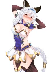 Rule 34 | 10s, 1girl, animal ears, armpits, arms up, black gloves, blush, braid, breasts, brown eyes, cleavage, elbow gloves, erune, gloves, granblue fantasy, hairband, heles, highres, kiyomin, long hair, looking at viewer, shiny skin, silver hair, single braid, skirt, solo, very long hair, white background