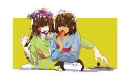 Rule 34 | 2others, ahoge, androgynous, arm rest, blue hairband, blue sweater, blush stickers, border, bow hairband, brown hair, chara (undertale), child, closed eyes, colored skin, eating, elbow rest, facing viewer, flower, food, food in mouth, frisk (undertale), green sweater, hair flower, hair ornament, hairband, hairpin, holding, holding food, hot dog, lantern madoyoi, multiple others, one eye closed, one side up, other focus, outside border, plate, red eyes, short hair, simple background, sweater, teeth, temmie, undertale, upper body, white border, white skin, yellow background