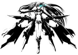 Rule 34 | 10s, 1girl, belt, bikini, bikini top only, black rock shooter, black rock shooter (character), boots, full body, gloves, glowing, glowing eye, greyscale, highres, hood, hoodie, katana, long hair, monochrome, one eye closed, outstretched arms, realmbw, scar, short shorts, shorts, simple background, solo, spot color, spread arms, swimsuit, sword, twintails, very long hair, weapon, wink