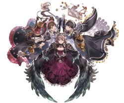 Rule 34 | 3girls, apron, boots, breasts, brown hair, cape, claudia (granblue fantasy), cleavage, constance (granblue fantasy), cross-laced footwear, cup, dorothy (granblue fantasy), dress, flamethrower, food, gauntlets, glasses, granblue fantasy, hair bun, hair ornament, holding, juliet sleeves, kneeling, long hair, long sleeves, looking at viewer, maid, maid apron, maid headdress, minaba hideo, multiple girls, official art, one eye closed, open mouth, pastry, puffy long sleeves, puffy sleeves, purple eyes, short hair, single hair bun, smile, teacup, teapot, thighhighs, transparent background, twintails, underbust, weapon, white apron, white legwear