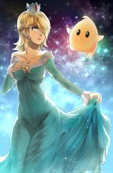 Rule 34 | 1girl, blonde hair, blue dress, blue eyes, breasts, cleavage, collarbone, crown, dress, earrings, hair over one eye, highres, jewelry, lipstick, long dress, long sleeves, looking to the side, luma (mario), makeup, mario (series), medium breasts, mini crown, nintendo, parted bangs, parted lips, ragecndy, red lips, rosalina, short hair, skirt hold, sky, solo, standing, star (sky), starry sky, super mario galaxy